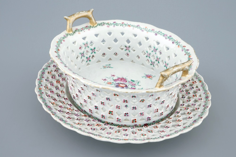 A Chinese famille rose pierced basket on stand, Qianlong, 18th C.