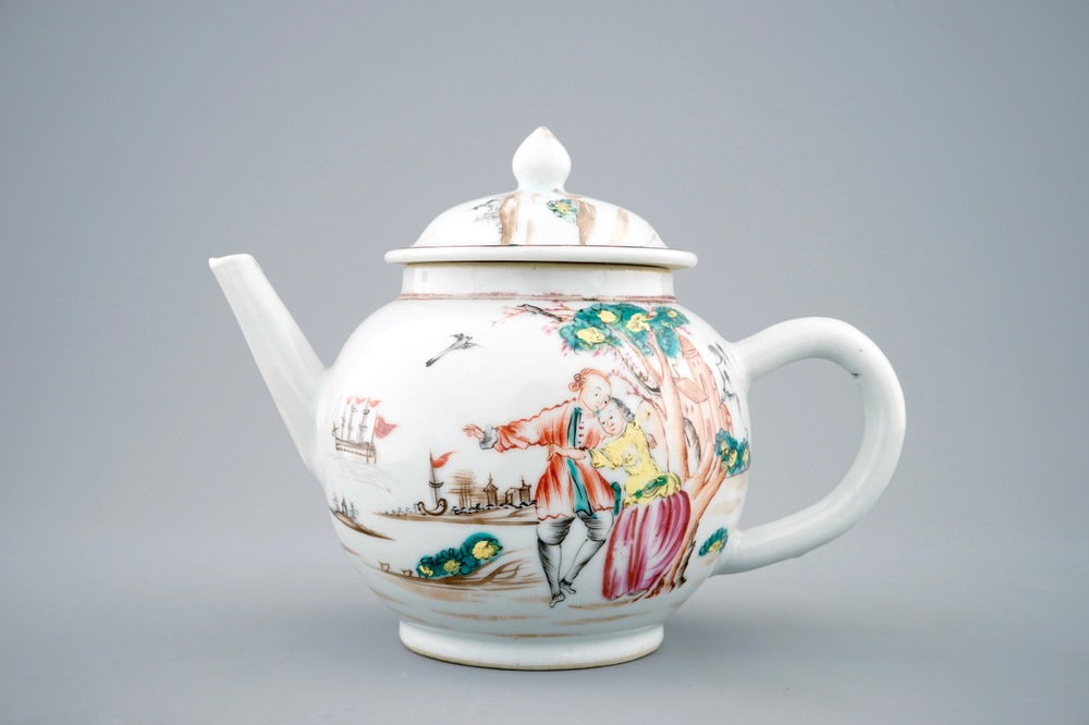 A Chinese famille rose European subject porcelain teapot with Sailor&rsquo;s Farewell, Qianlong, 18th C.