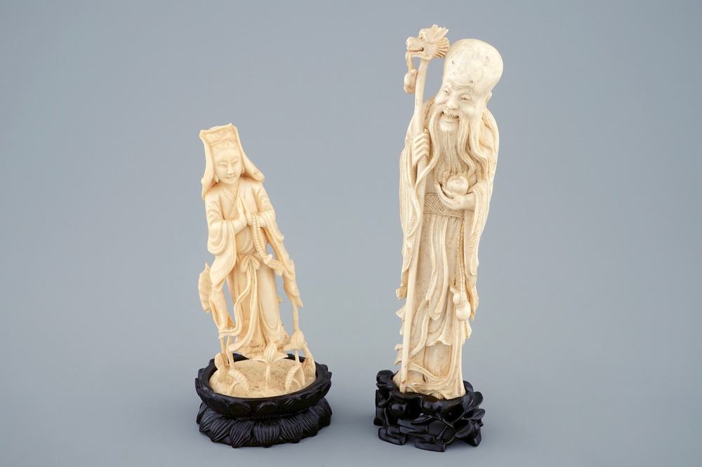 Deux figures en ivoire sculpt&eacute; de Shou Lao et Guanyin, Chine, vers 1900