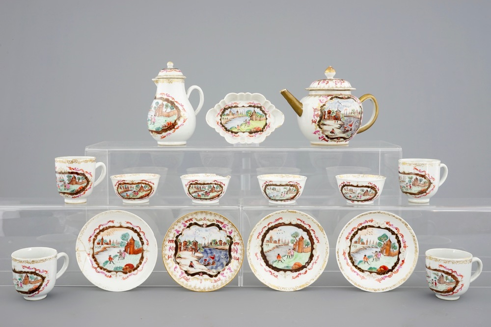 A Chinese famille rose and gilt Meissen style part tea service, Qianlong, 18th C.