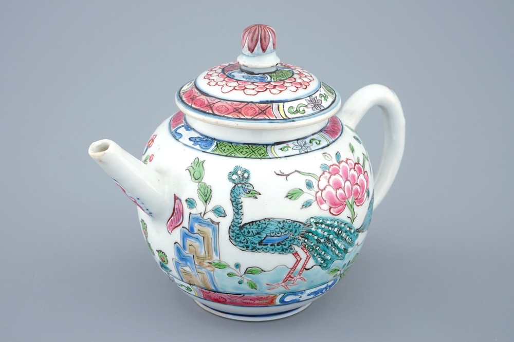 A Chinese London-decorated famille rose teapot and cover with a peacock, Qianlong, 18th C.