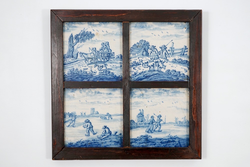 Een set van vier fraaie blauw-witte &quot;Openlucht&quot; tegels, 18e eeuw
