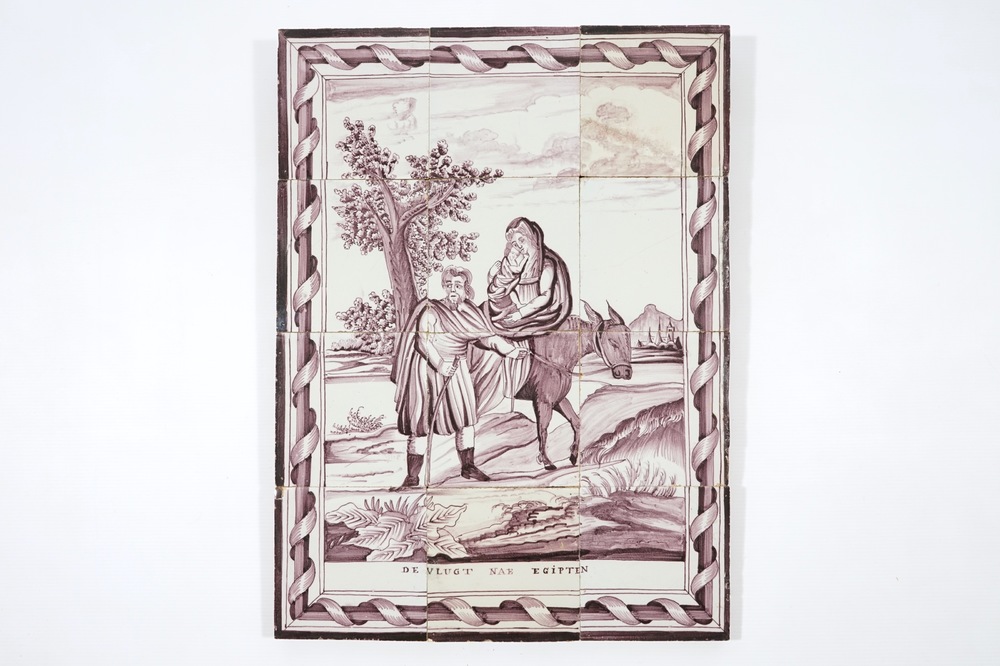 Un panneau de carreaux de Delft &agrave; d&eacute;cor en mangan&egrave;se de La Fuite en Egypte, 19&egrave;me