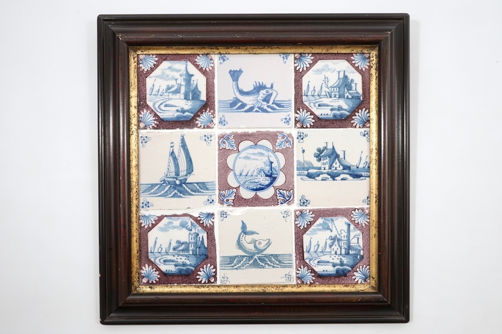 A set of nine framed Dutch Delft tiles, 18th C.