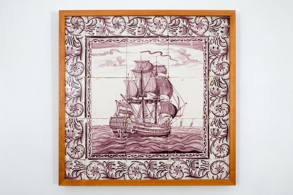 A manganese Dutch Delft tile panel with a ship, 18th C.