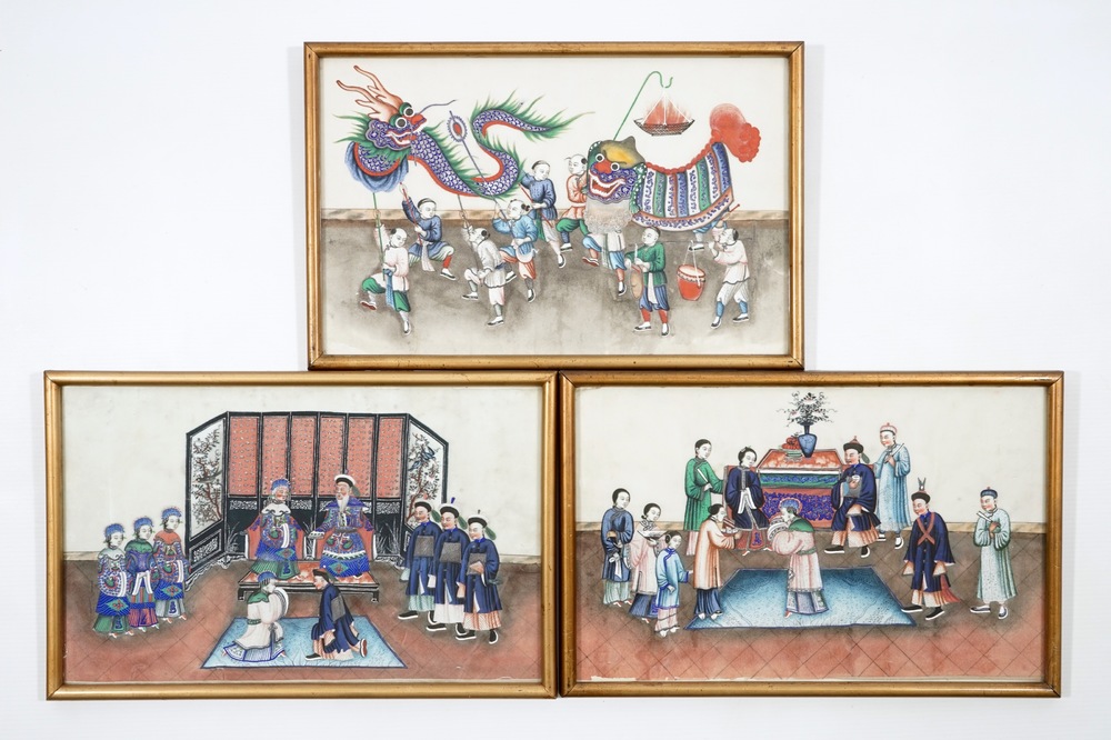 Trois peintures sur papier de riz, Chine, Canton, 19&egrave;me