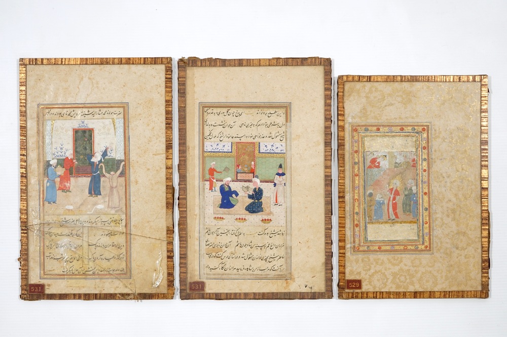 Three pages from illuminated Islamic manuscript, 17/18th C.