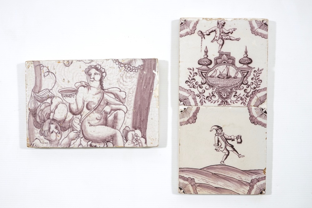 Three manganese Dutch Delft tiles incl. two Rotterdam magito tiles and a rectangular Bacchus tile, 18th C.