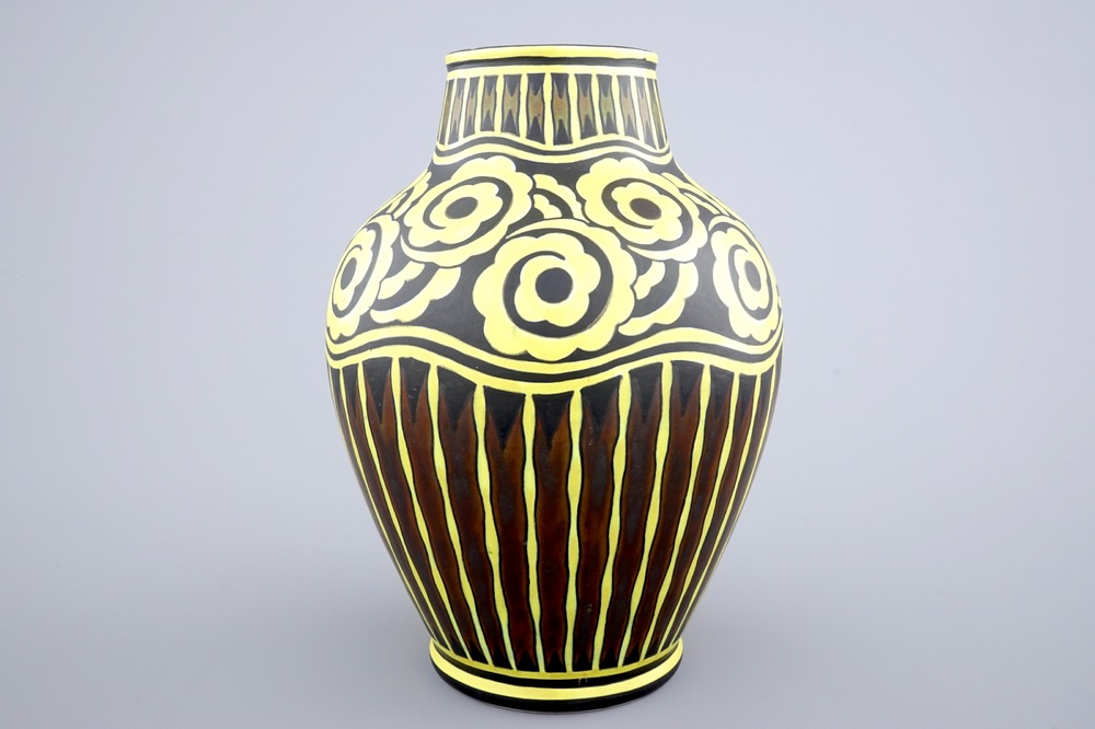A large Charles Catteau vase for Boch Keramis, yellow floral design on a black ground, ca. 1924