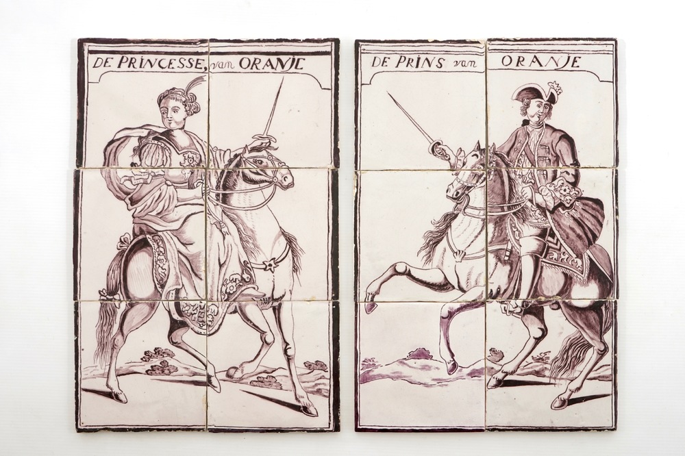 A pair of manganese Dutch Delft tile panels with royals on horsebacks, late 18th C.