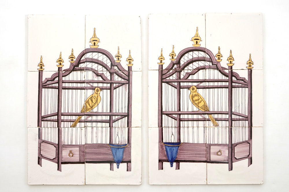 A pair of polychrome Dutch Delft tile panels with canaries in a cage, 18/19th C.