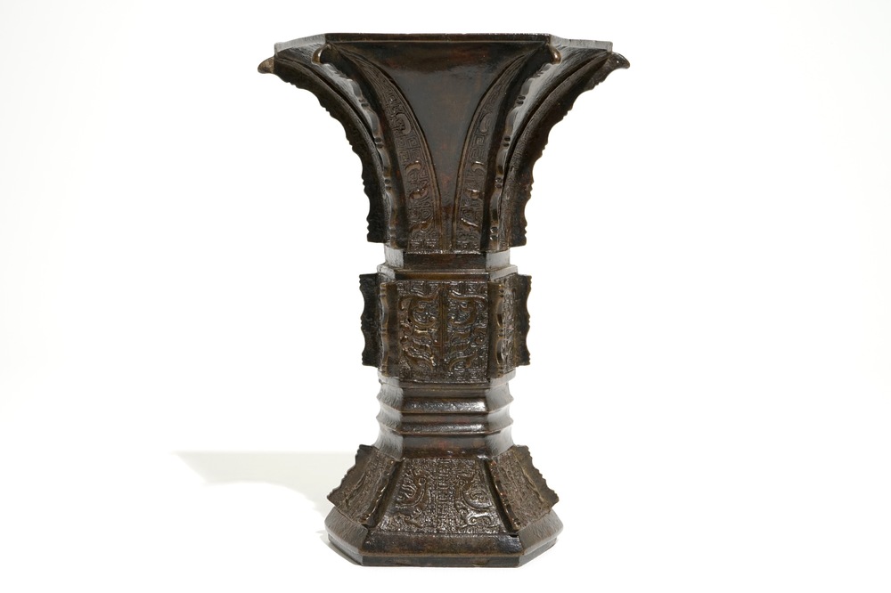 A Chinese bronze wall vase with Xuande six-character mark, late Ming or early Qing