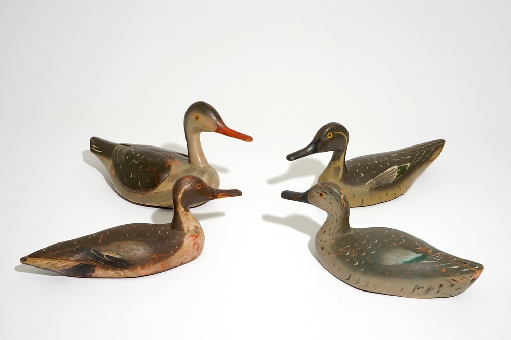 A set of four painted wood decoy ducks, 19th C.