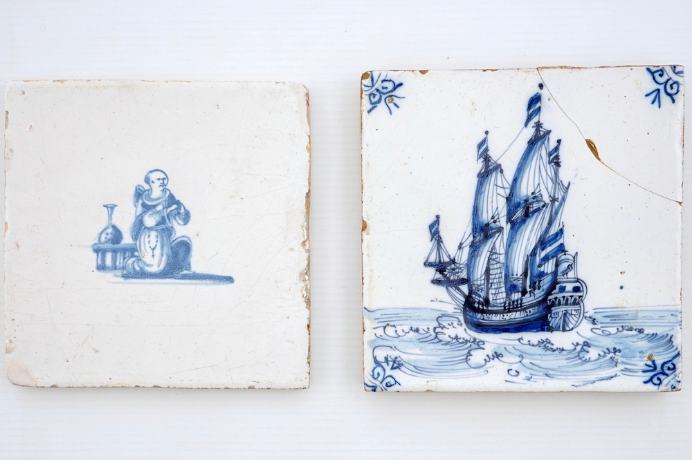 Two Dutch Delft blue and white tiles with a fine war ship and a Chinese catholic, 17/18th C.