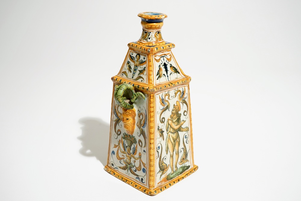 A square Italian maiolica bottle vase, Urbino, 16th C.