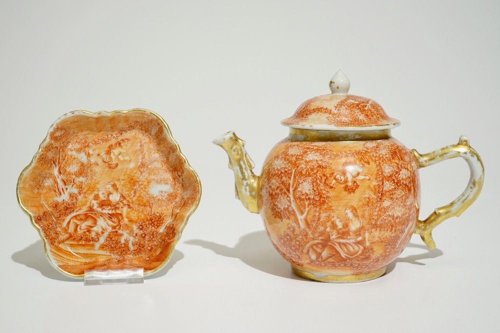 A rare Chinese teapot on stand with a romantic design for the European market, Qianlong