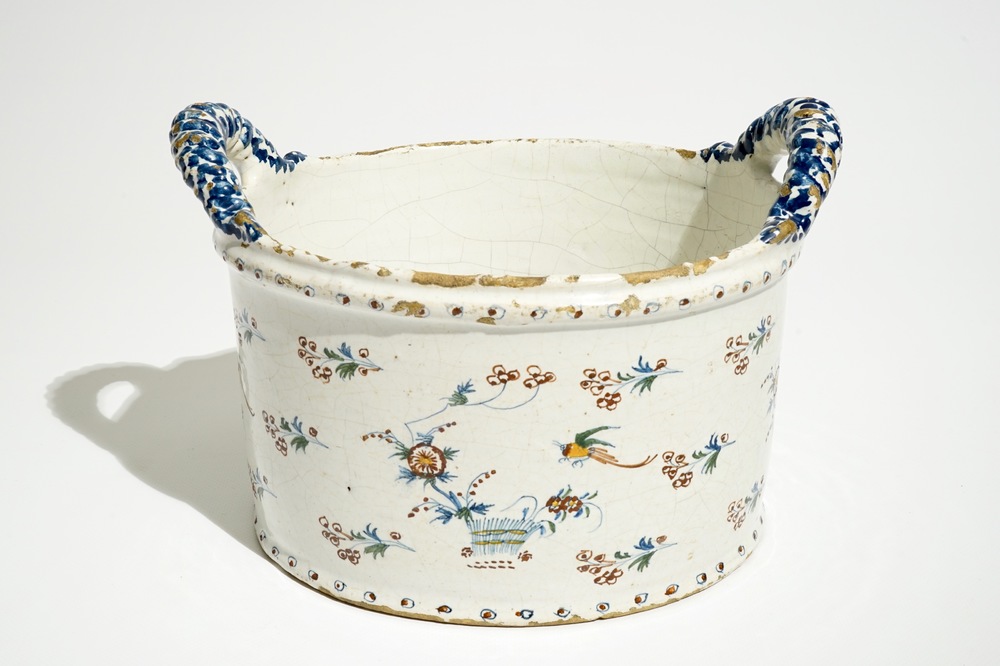 A round Brussels faience cooler with twisted ears, 18th C.