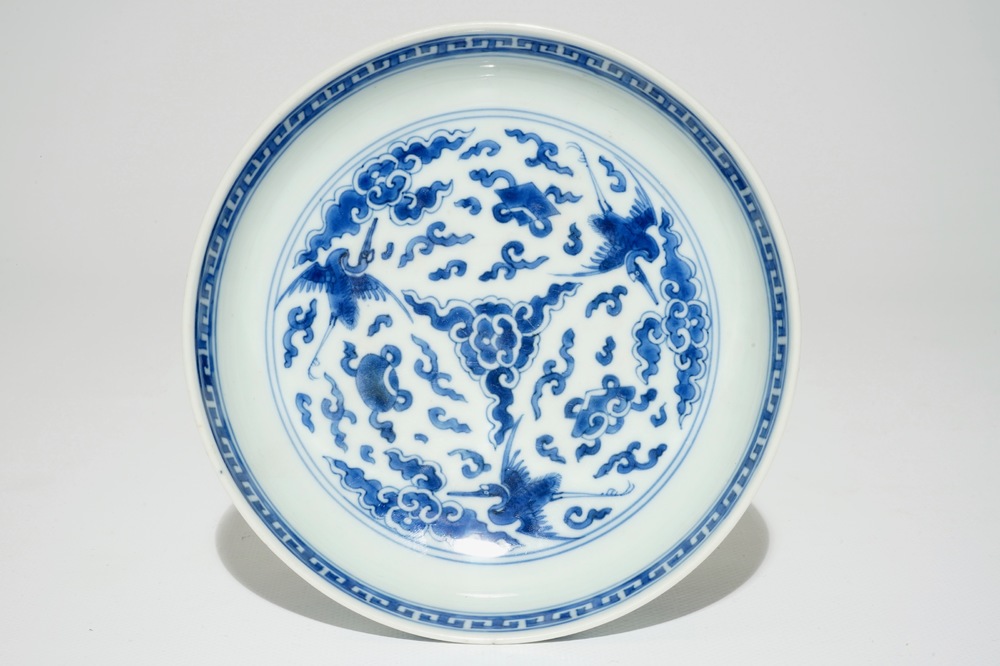 A Chinese blue and white plate with flying cranes, Kangxi