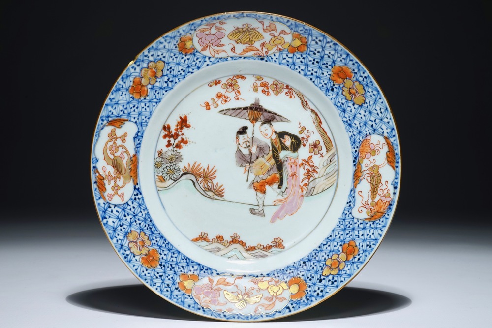 A Chinese rose-Imari plate with a Long Eliza and her servant holding a parasol, Yongzheng