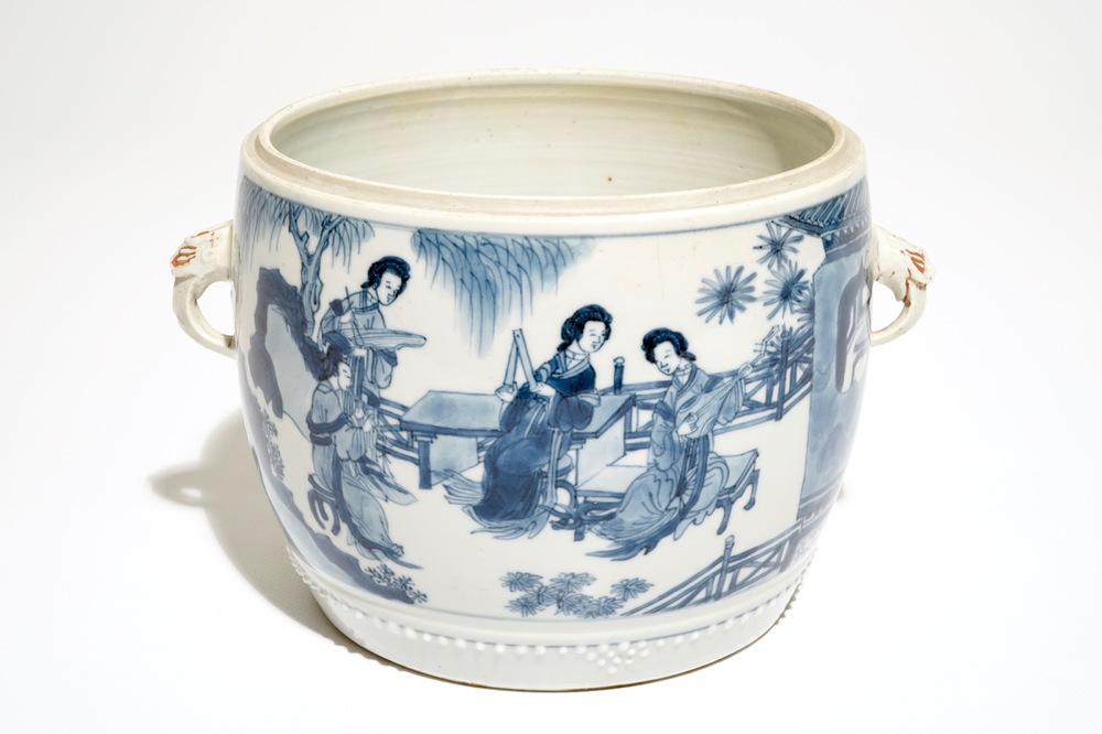 A Chinese blue and white two-handled cylindrical jar, Kangxi