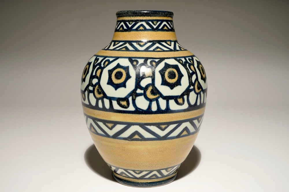 A stoneware vase with stylised flowers, Charles Catteau for Boch Fr&egrave;res Keramis, ca. 1924