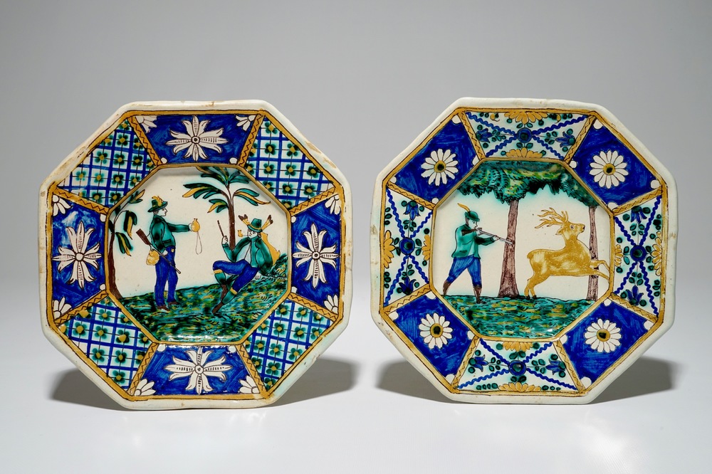 A pair of polychrome German plates with hunting scenes, Erfurt, dated 1736