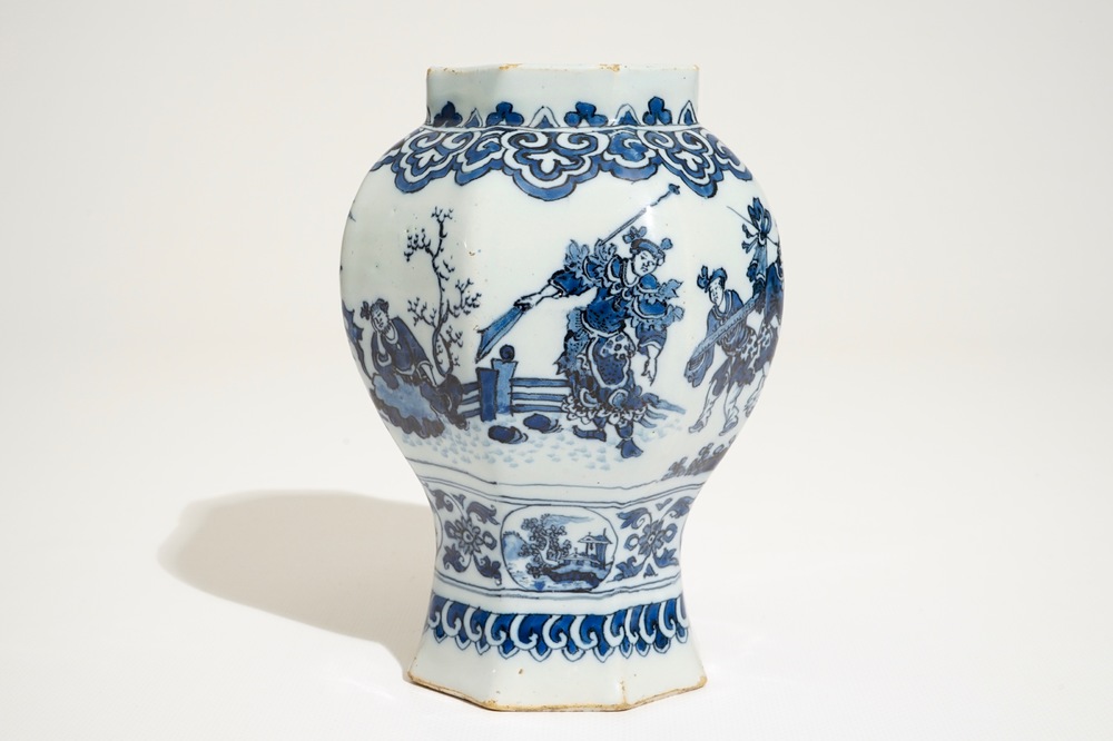 A Dutch Delft blue and white octagonal chinoiserie vase, 17th C.