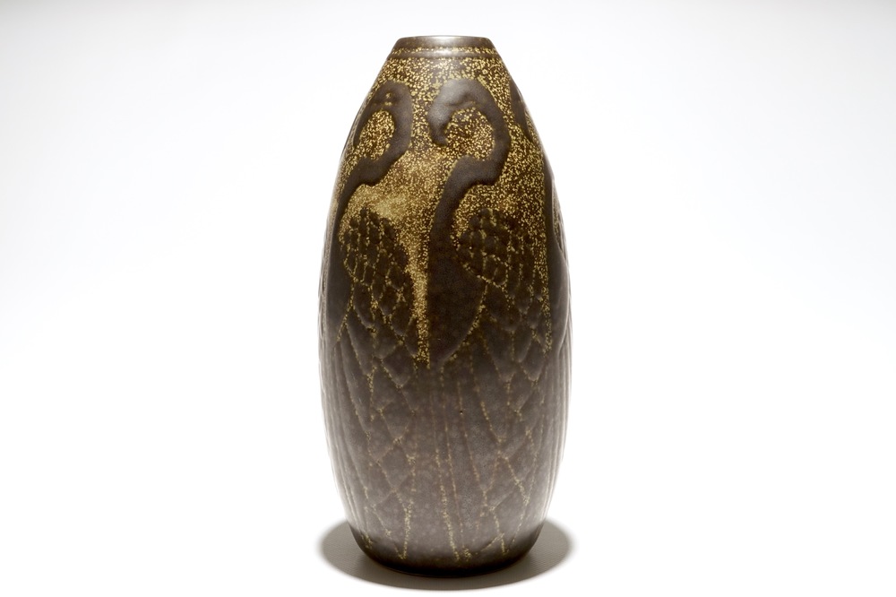 A rare stoneware vase with flamingos, Charles Catteau for Boch Fr&egrave;res Keramis, ca. 1924