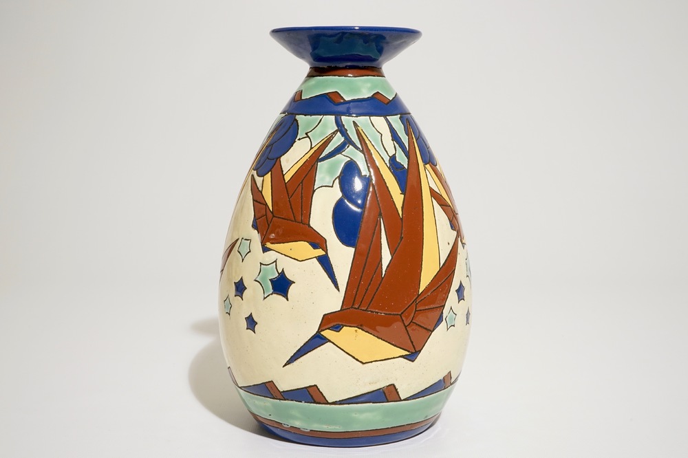 An art deco vase with stylised birds in flight, Charles Catteau for Boch Fr&egrave;res Keramis, ca. 1931