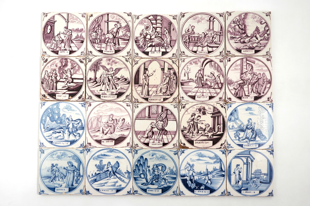 Un lot de 20 carreaux religieux en fa&iuml;ence de Delft bleu et blanc et mangan&egrave;se, Utrecht, 18&egrave;me