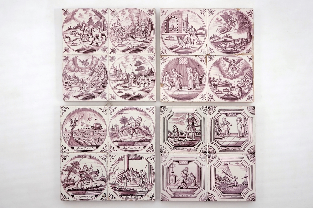 A set of 16 manganese Dutch Delft biblical tiles, 18/19th C.