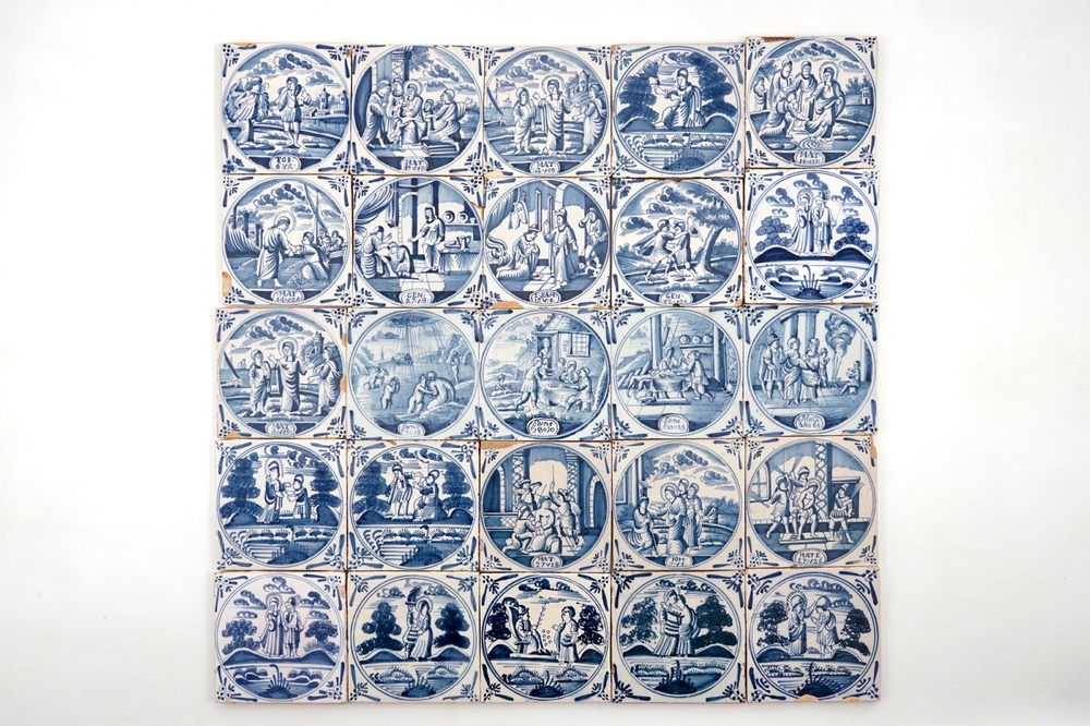 A set of 25 Dutch Delft blue and white biblical tiles, prob. Frisian, 18th C.