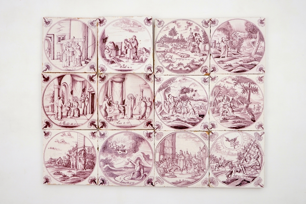 A set of 12 manganese Dutch Delft biblical tiles with carnation corners, 18th C.