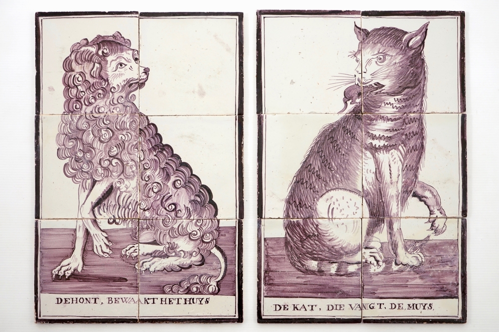 A pair of manganese Dutch Delft tile panels with a cat and a dog, late 18th C.
