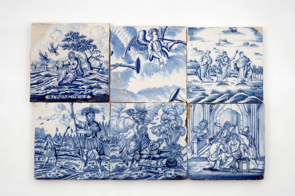 A set of 6 blue and white Dutch Delft biblical tiles, mostly Rotterdam, 18th C.