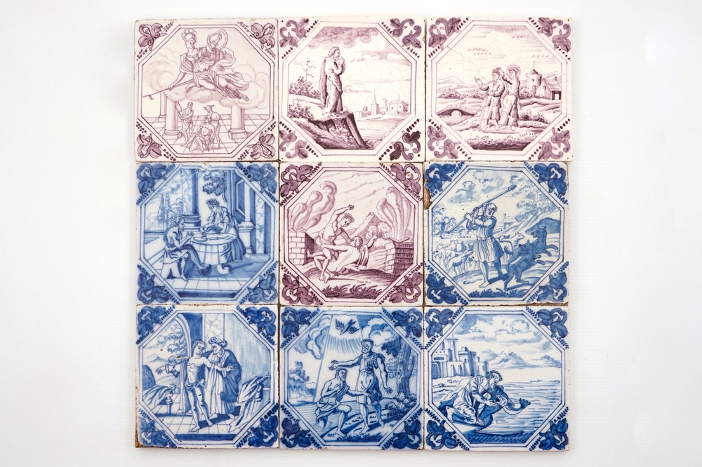 A set of nine Dutch Delft blue and white and manganese tiles, 18th C.