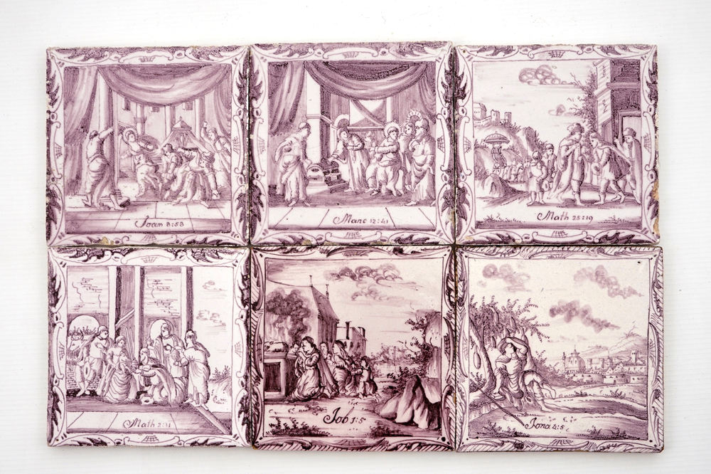 A set of six manganese Dutch Delft biblical tiles, 18th C.