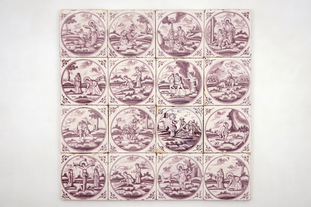 A set of 16 manganese Dutch Delft biblical tiles, 18/19th C.