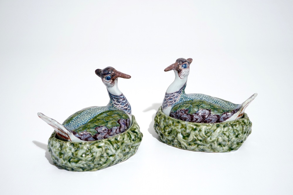 A pair of polychrome Dutch Delft butter tubs shaped as plovers, 18th C.