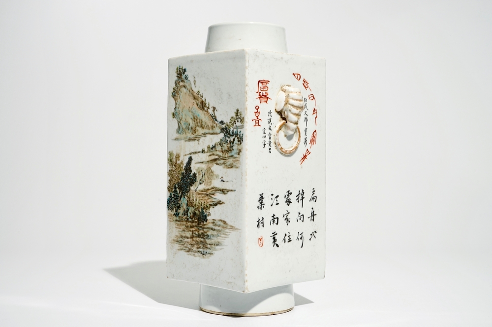 A Chinese square qianjiang cai vase with landscape designs, 20th C.