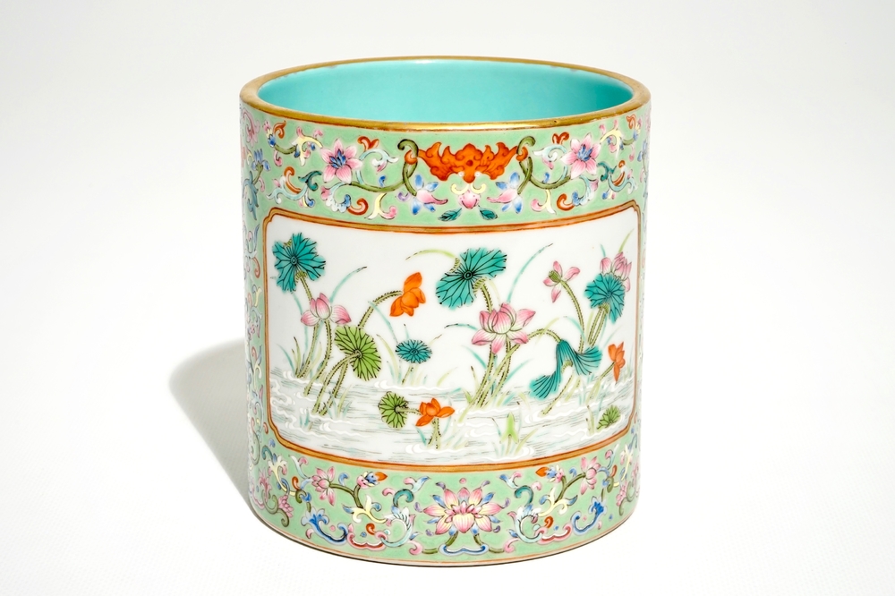 A Chinese turquoise ground enamelled brush pot, Qianlong mark, 20th C.