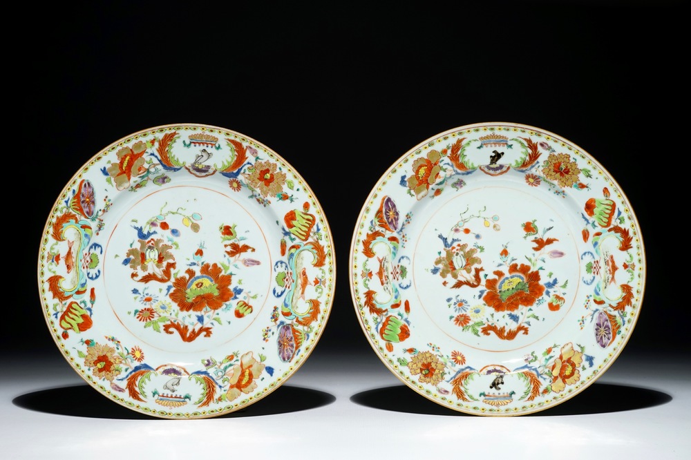 A pair of Chinese famille rose export &ldquo;Pompadour&rdquo; plates, ca. 1745