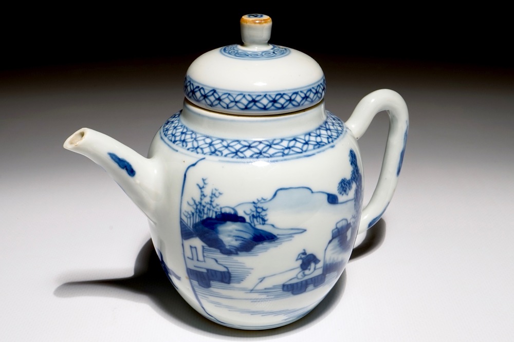 A Chinese blue and white teapot with landscape panels, Kangxi