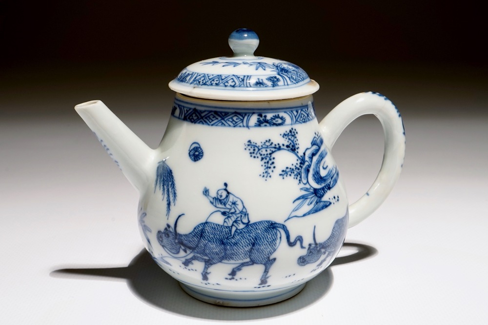 A Chinese blue and white &quot;buffalo riding&quot; teapot, Yongzheng