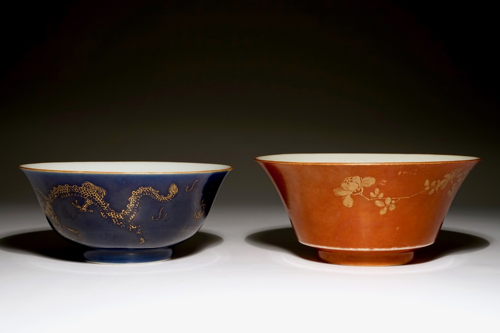 Two Chinese gilt on powder blue and coral red bowls, 18/19th C.