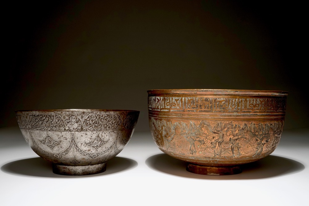 Two Persian engraved tinned copper bowls, prob. Iran, 18th C.