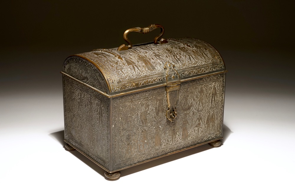 A Qajar style engraved brass box with imaginary creatures, France, 19th C.