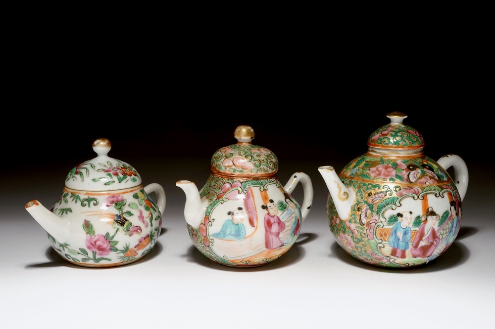 Three Chinese Canton teapots, 19th C.