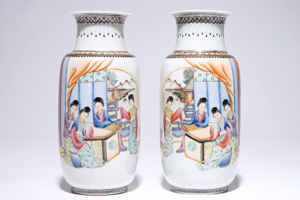 A pair of Chinese famille rose eggshell porcelain vases, Republic, 20th C.