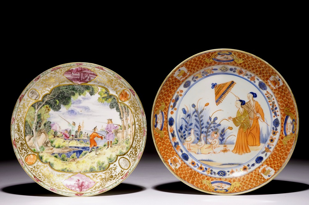 A Chinese Imari Cornelis Pronk: &ldquo;Dames au Parasol&quot; plate and a Meissen-style plate with a hunting scene, Qianlong
